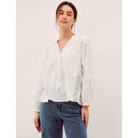 Monsoon Linen Rich Embroidered V-Neck Blouse Navy
