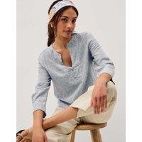 Monsoon Linen Rich Embroidered V-Neck Blouse Navy