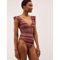Monsoon Printed Ruffle V-Neck Swimsuit Burgundy