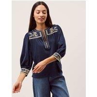 Monsoon Pure Cotton Embroidered Crew Neck Blouse Navy Mix