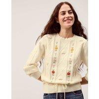 Monsoon Embroidered Cable Knit Crew Neck Jumper Ivory Mix
