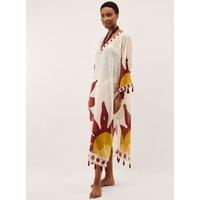 Monsoon Pure Cotton Printed V-Neck Maxi Kaftan Dress Beige Mix