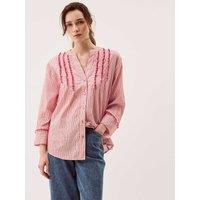 Monsoon Pure Cotton Striped Notch Neck Ruffle Shirt Red Mix