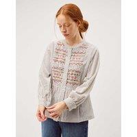 Monsoon Cotton Rich Striped Shirred Shirt with Linen Black Mix