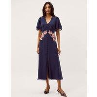 Monsoon Embroidered V-Neck Midi Tea Dress Navy