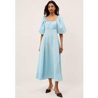Monsoon Square Neck Midi Shirred Dress Light Blue