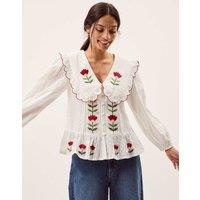 Monsoon Tulip Embroidered Scallop Collar Top White