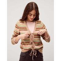 Monsoon Fair Isle V-Neck Tie Front Cardigan Natural Mix