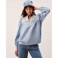 Monsoon Pure Cotton Embroidered Notch Neck Top Blue