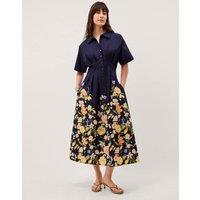 Monsoon Pure Cotton Floral Midi Shirt Dress Navy Mix