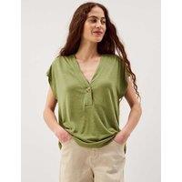 Monsoon Linen Rich V-Neck Button Detail T-Shirt Khaki