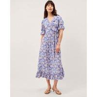 Monsoon Floral V-Neck Midi Wrap Dress Blue Mix