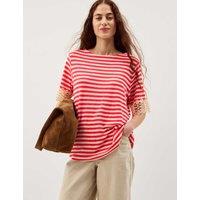 Monsoon Linen Rich Striped Lace Trim T-Shirt Red Mix