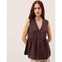 Monsoon Pure Linen V-Neck Peplum Top Dark Brown