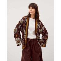 Monsoon Linen Rich Floral Open Front Cardigan Chocolate