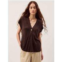 Monsoon Linen Rich V-Neck Button Detail T-Shirt Chocolate