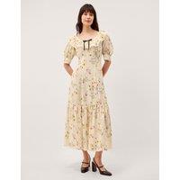 Monsoon Floral Scoop Neck Midi Tea Dress Ivory Mix