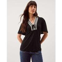Monsoon Linen Rich V-Neck Lace Trim T-Shirt Black