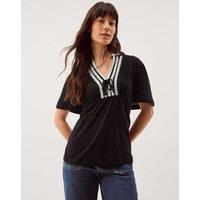 Monsoon Linen Rich V-Neck Lace Trim T-Shirt Black