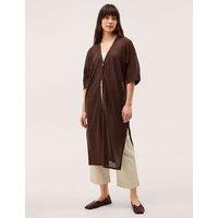 Monsoon Longline Short Sleeve Cardigan with Linen Chocolate