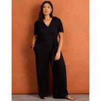 Live Unlimited London Jersey Belted Wrap Jumpsuit Black