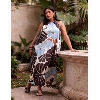 Live Unlimited London Floral Halter Neck Maxi Swing Dress Brown