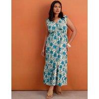 Live Unlimited London Pure Cotton Floral V-Neck Midaxi Tiered Dress Blue Mix