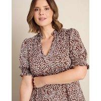 Live Unlimited London Jersey Printed V-Neck Puff Sleeve Top Brown Mix