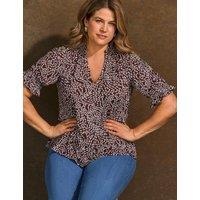 Live Unlimited London Jersey Printed V-Neck Puff Sleeve Top Brown Mix