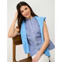 Crew Clothing Pure Cotton Printed Frill Sleeve Blouse Dark Blue