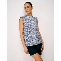 Crew Clothing Pure Cotton Floral Frill Sleeve Blouse Navy