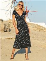 Jersey Floral V-Neck Midi Waisted Dress