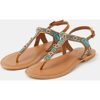ACCESSORIZE Leather Floral Beaded Toe Thong Sandals Brown Mix