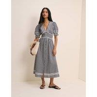 Nobody's Child Pure Cotton Gingham V-Neck Midi Tea Dress Black Mix