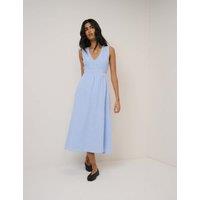 Nobody's Child Pure Cotton V-Neck Midaxi Waisted Dress Blue