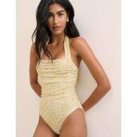 Nobody's Child Ditsy Floral Ruched Square Halterneck Swimsuit Yellow