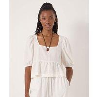 HUSH Linen Rich Square Neck Puff Sleeve Beach Top White