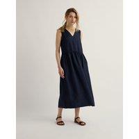 Seasalt Cornwall Pure Linen V-Neck Midi Waisted Dress Navy