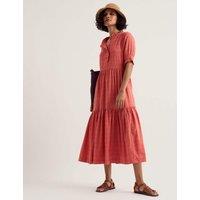 Seasalt Cornwall Cotton Rich Checked High Neck Midi Tiered Dress Orange Mix