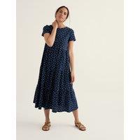 Seasalt Cornwall Pure Cotton Jersey Polka Dot Midaxi Tiered Dress Navy Mix