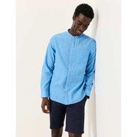 FatFace Cotton Linen Blend Grandad Collar Shirt Blue
