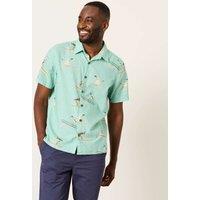 FatFace Cotton Linen Blend Bird Short Sleeve Shirt Teal Mix