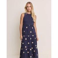Nobody's Child X Elizabeth Scarlett Pure Cotton Embroidered Midaxi Tiered Dress Blue