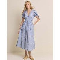 Nobody's Child Pure Cotton Striped V-Neck Midi Waisted Dress Blue