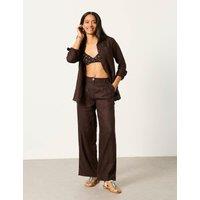 FatFace Pure Linen Wide Leg Trousers Chocolate