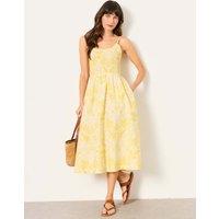 FatFace Pure Cotton Leaf Print Midi Waisted Dress Yellow Mix