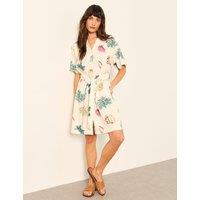 FatFace Linen Rich Shell Print Mini Shirt Dress Ivory Mix