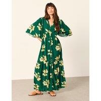 FatFace Floral V-Neck Button Front Maxi Tiered Dress Green Mix