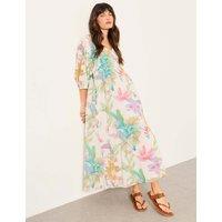 FatFace Pure Cotton Floral V-Neck Maxi Tea Dress Ivory Mix
