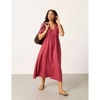 FatFace Linen Rich V-Neck Midi Waisted Dress Brown